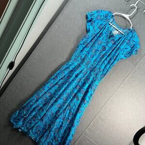 Destination 365 Short-Sleeve Midi Dress with Smo Turquoise Floral Size Small